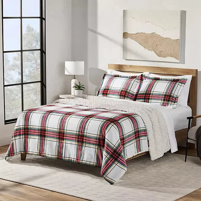 3-Piece Plush Comforter Set, White/Red/Black, King