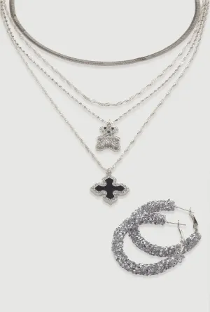 Assorted Charm Layered Necklace with Hoop Earrings