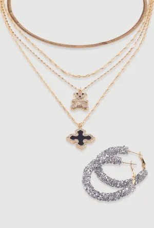 Assorted Charm Layered Necklace with Hoop Earrings