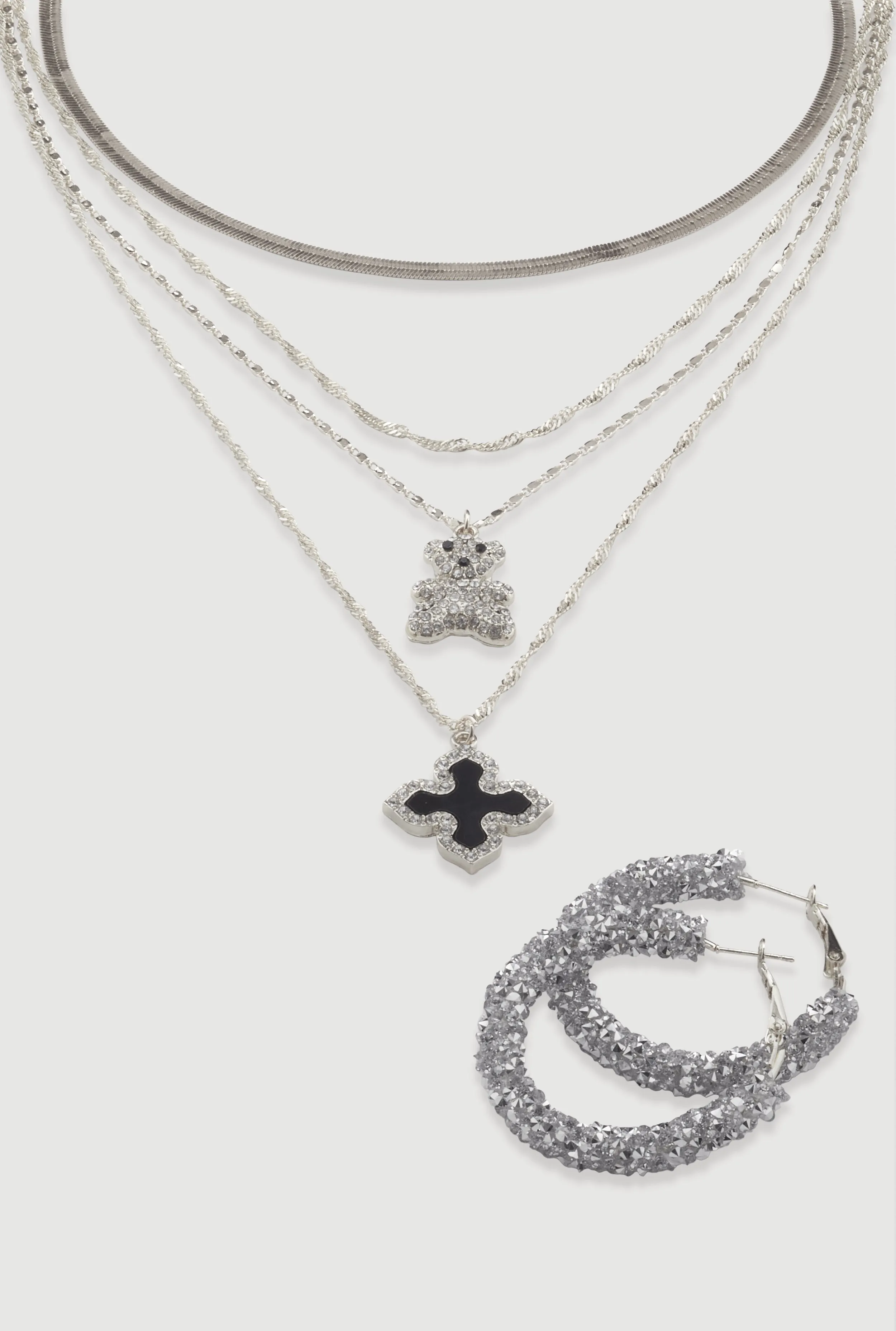 Assorted Charm Layered Necklace with Hoop Earrings