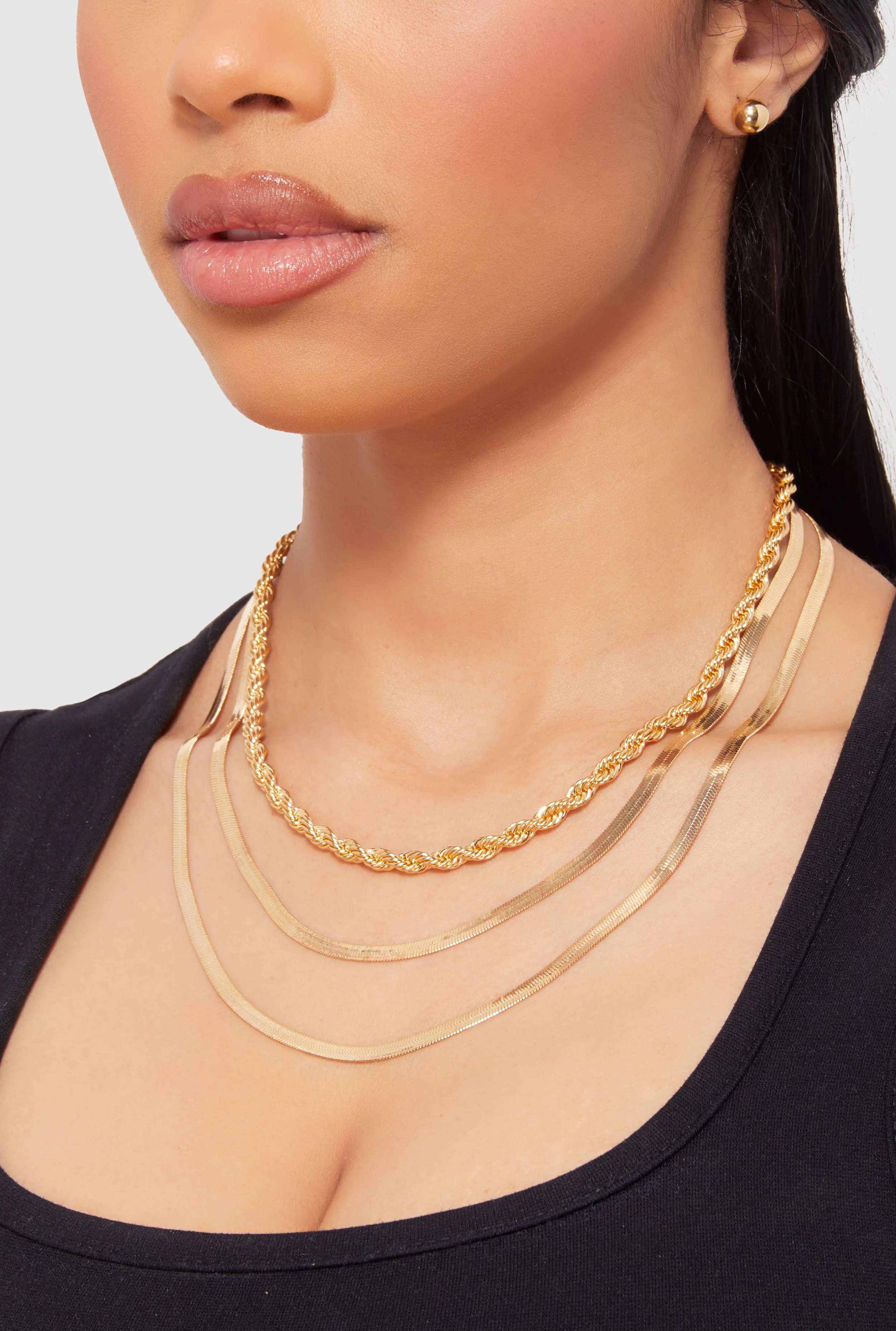 Assorted Metallic Layered Necklace and Stud Earrings