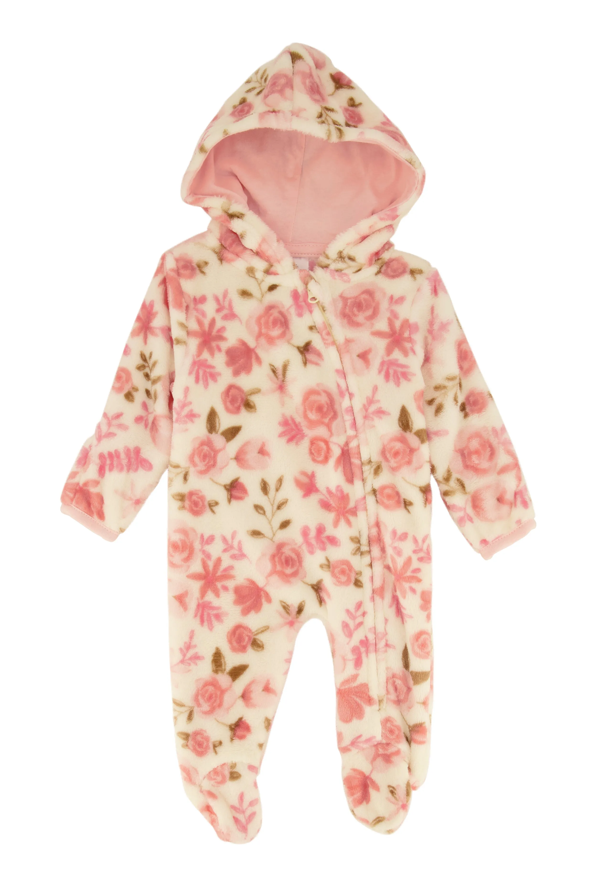 Baby Girls 0-9M Rose Print Hooded Footed Jumpsuit