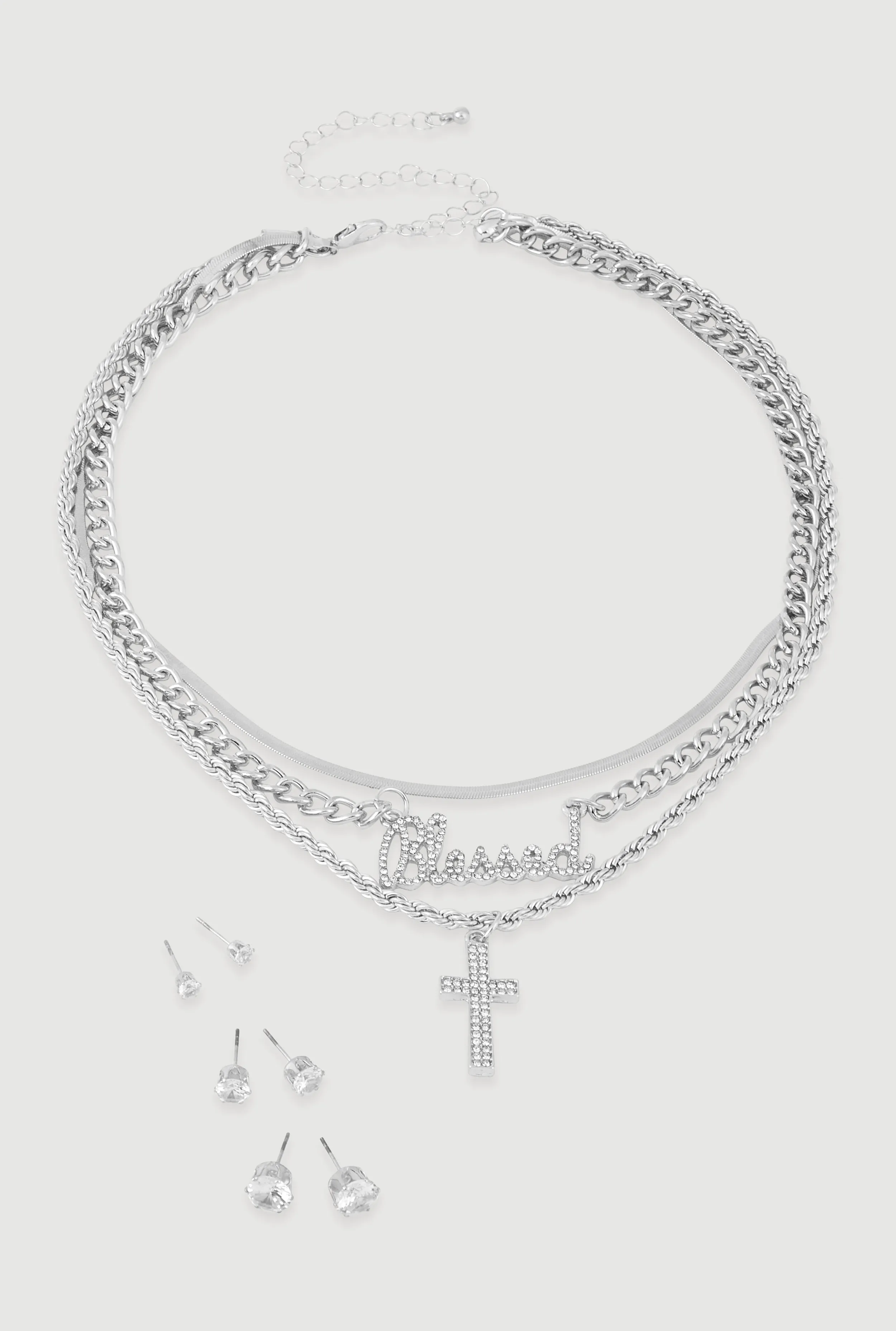 Blessed Cross Layered Necklace with Stud Earring Trio Set
