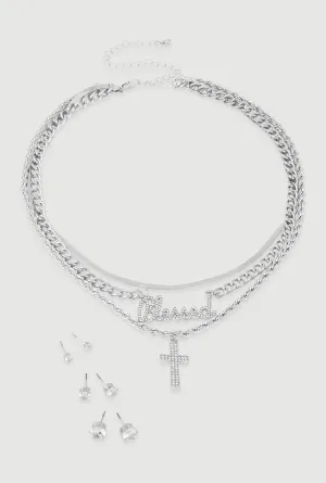 Blessed Cross Layered Necklace with Stud Earring Trio Set