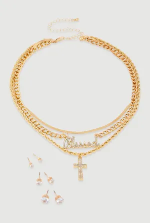 Blessed Cross Layered Necklace with Stud Earring Trio Set