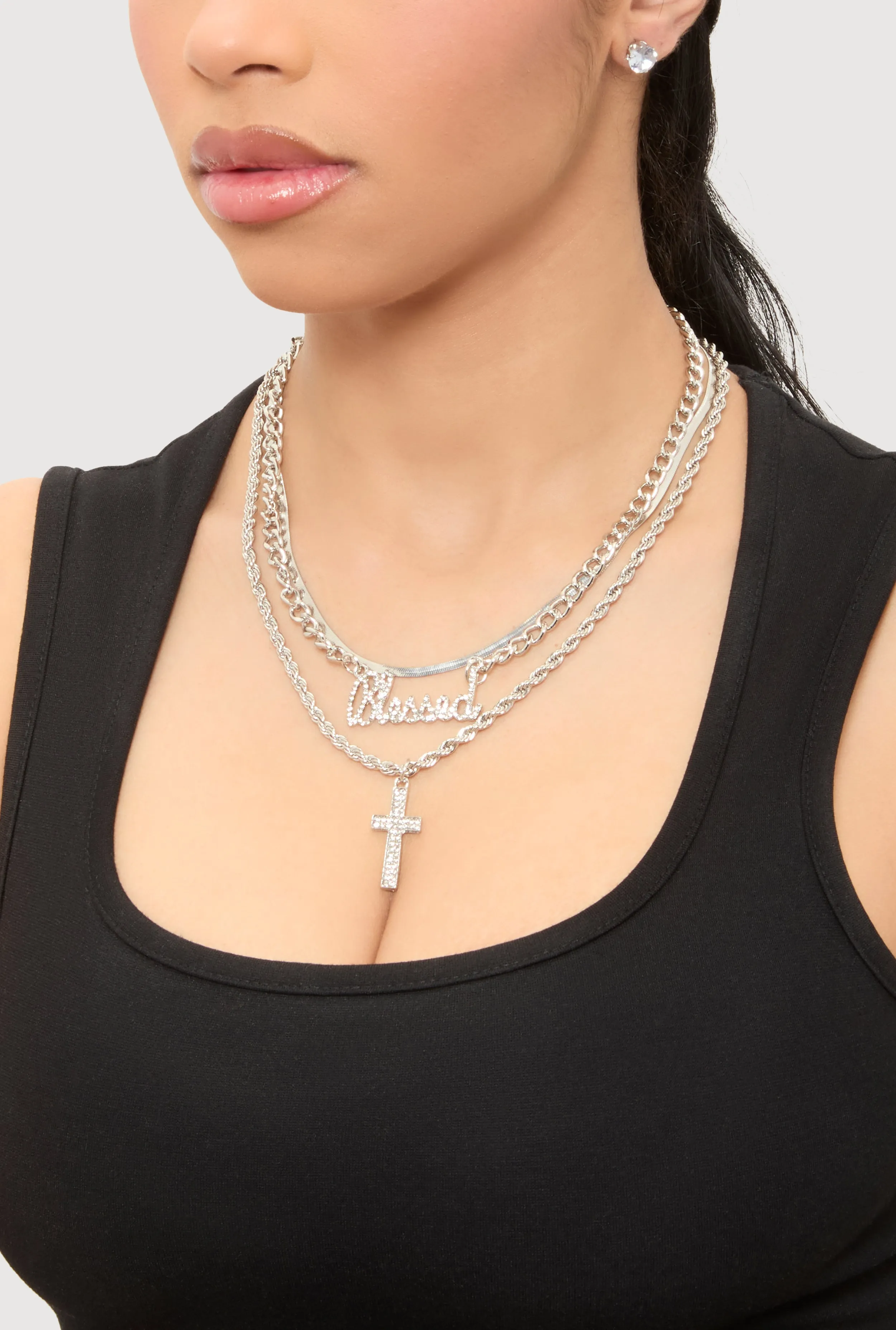 Blessed Cross Layered Necklace with Stud Earring Trio Set