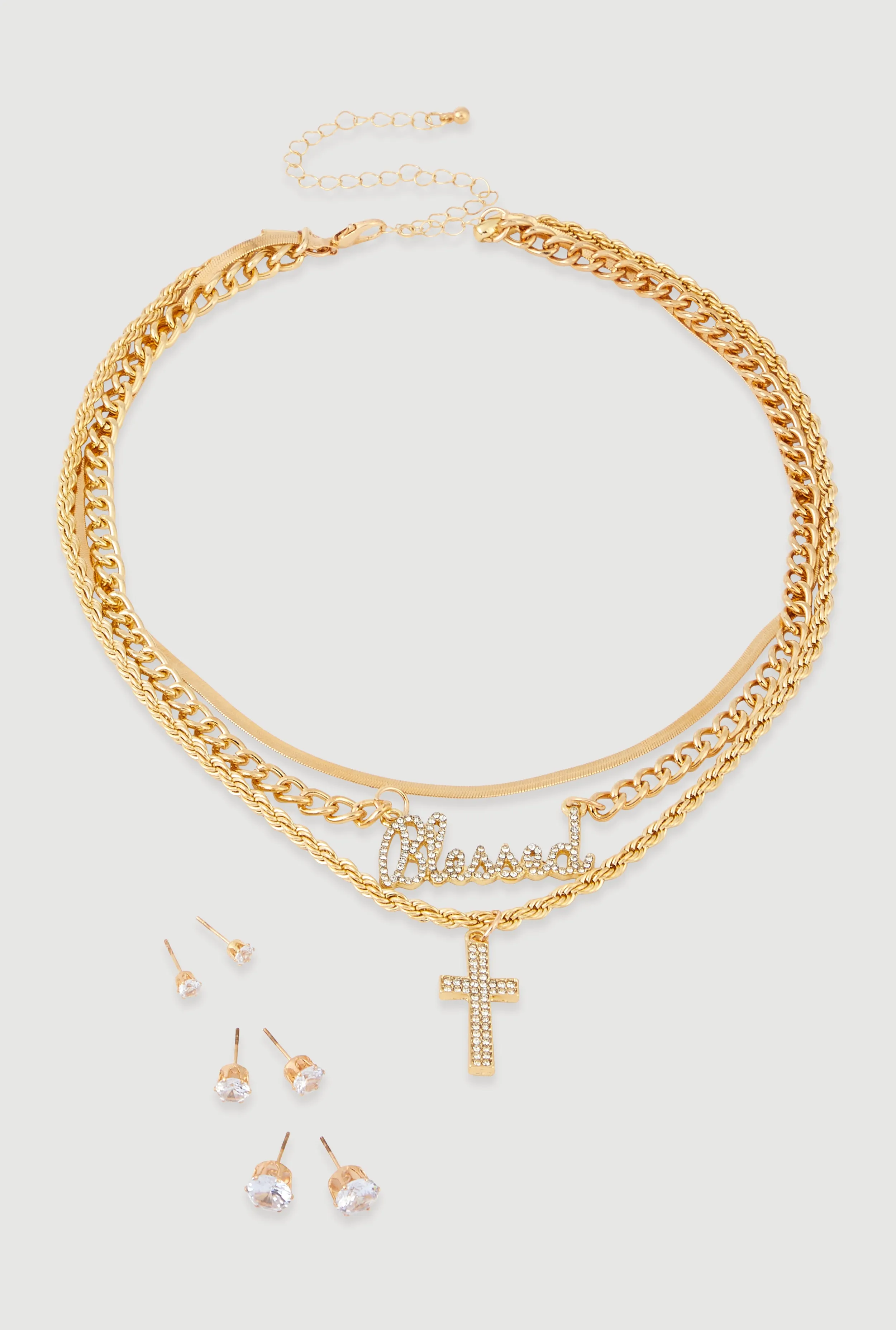 Blessed Cross Layered Necklace with Stud Earring Trio Set