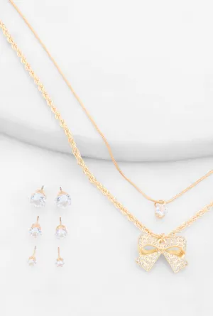 Bow Layered Necklace and Cubic Zirconia Earrings Set