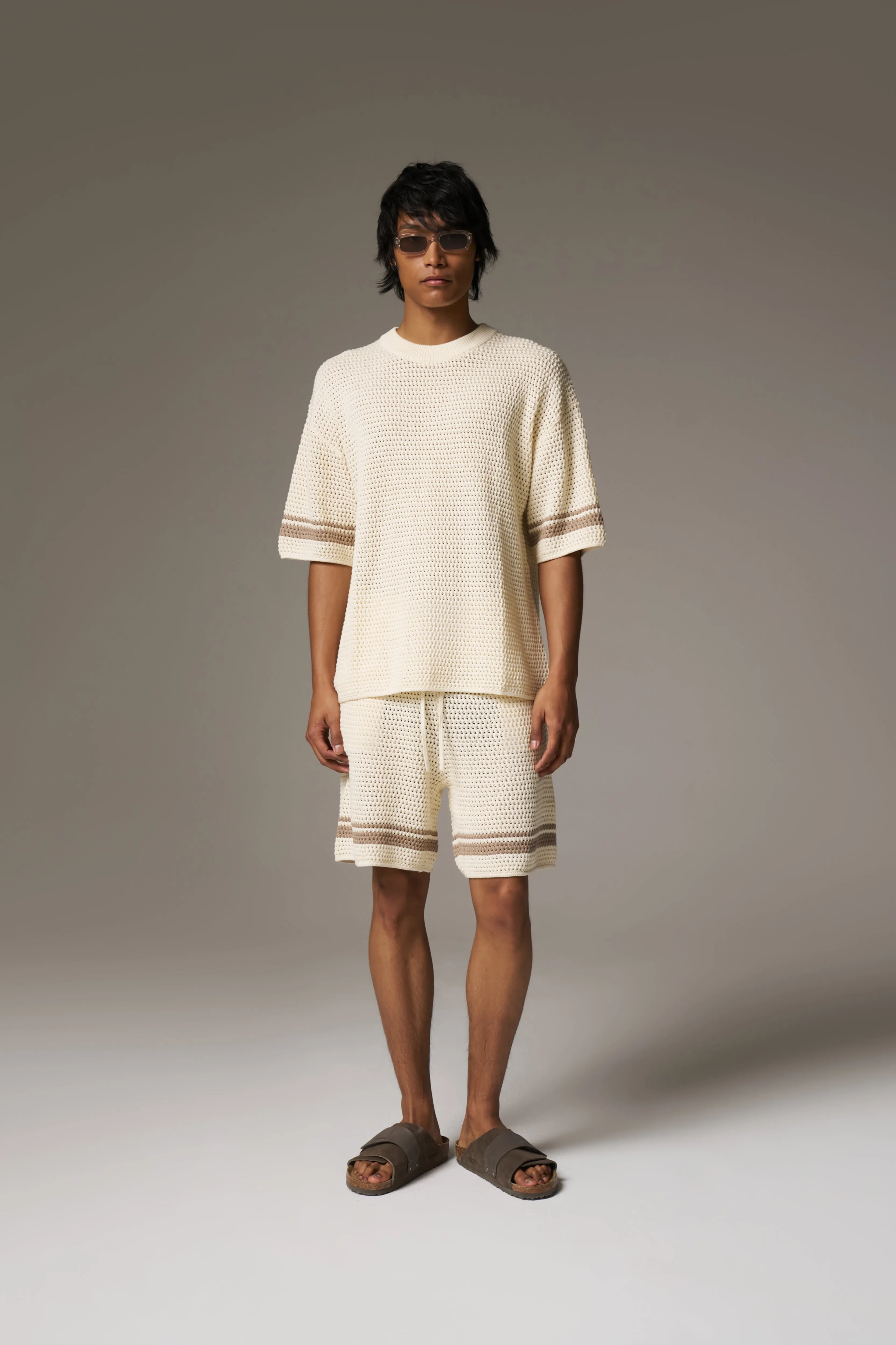 CROCHET KNITTED CONTRAST STRIPE T-SHIRT - OFF WHITE
