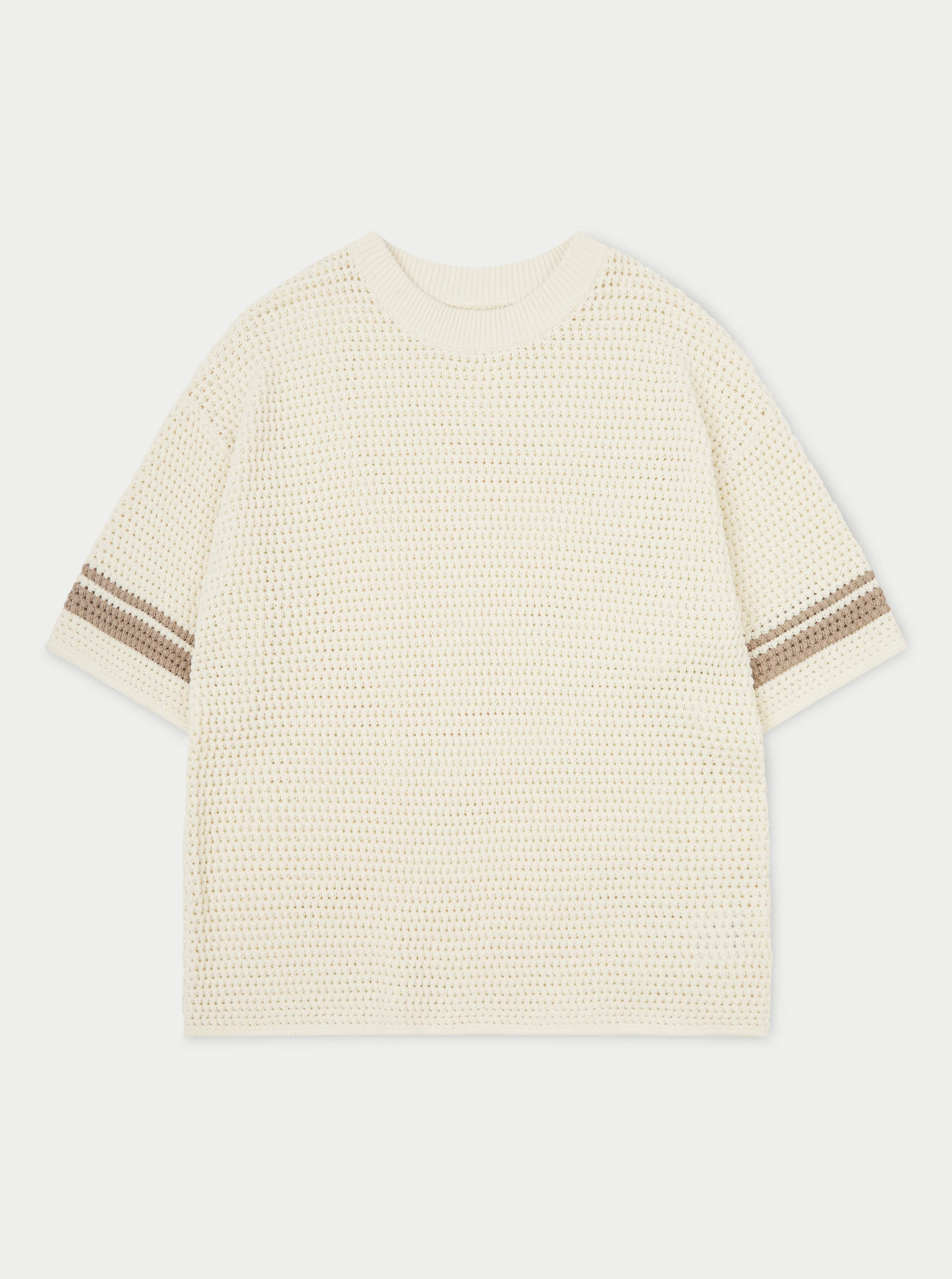 CROCHET KNITTED CONTRAST STRIPE T-SHIRT - OFF WHITE