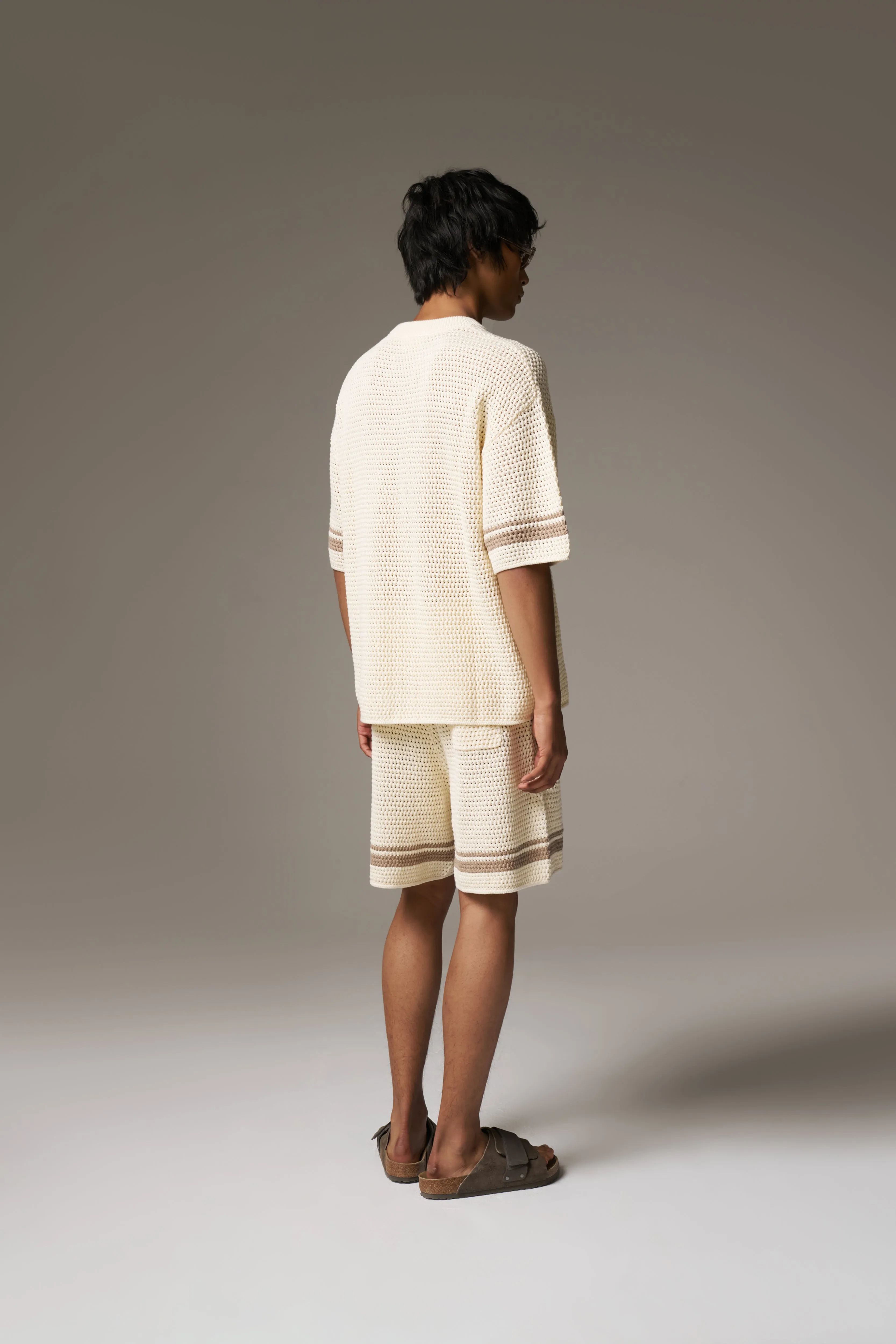 CROCHET KNITTED CONTRAST STRIPE T-SHIRT - OFF WHITE