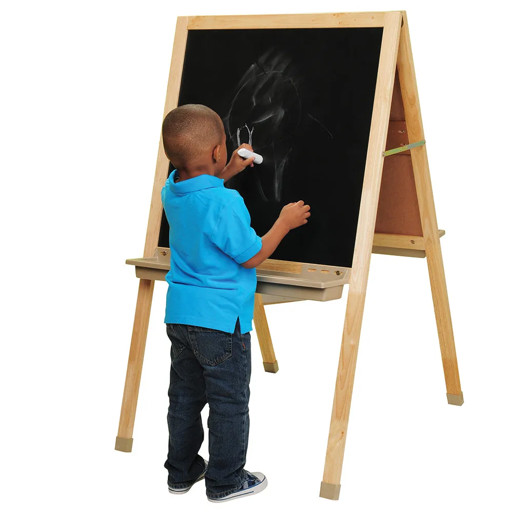 Deluxe Hardwood Classroom Easel | Chalkboard, Magnetic Whiteboard, and Storage Trays