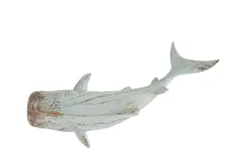 LIGHT BLUE POLYSTONE SHARK DISTRESSED CARVED SCULPTURE WITH BROWN WOOD INSPIRED ACCENTS