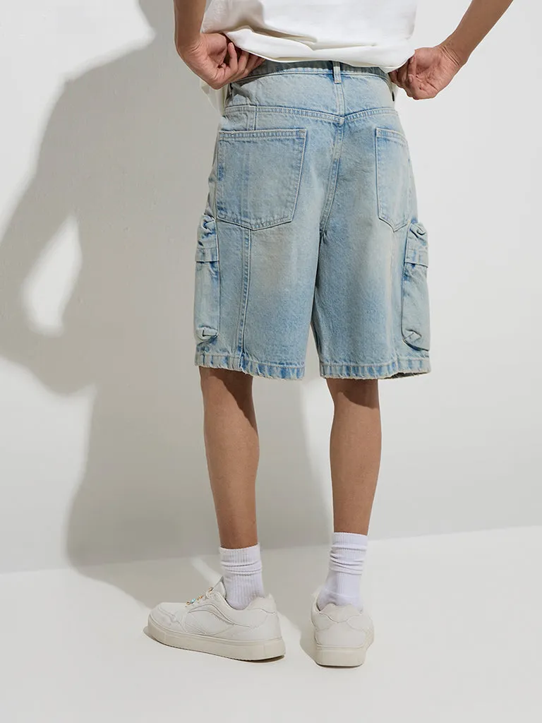 Nuon Light Blue Relaxed-Fit Mid-Rise Denim Shorts