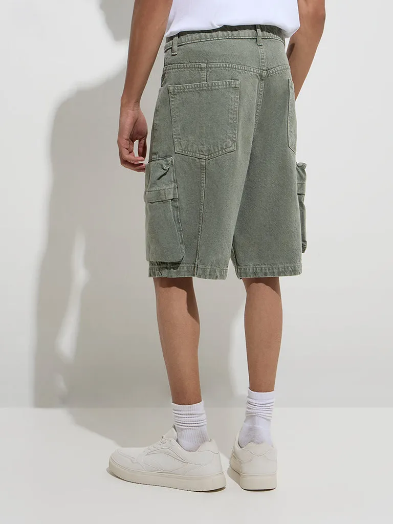 Nuon Olive Relaxed-Fit Mid-Rise Denim Shorts