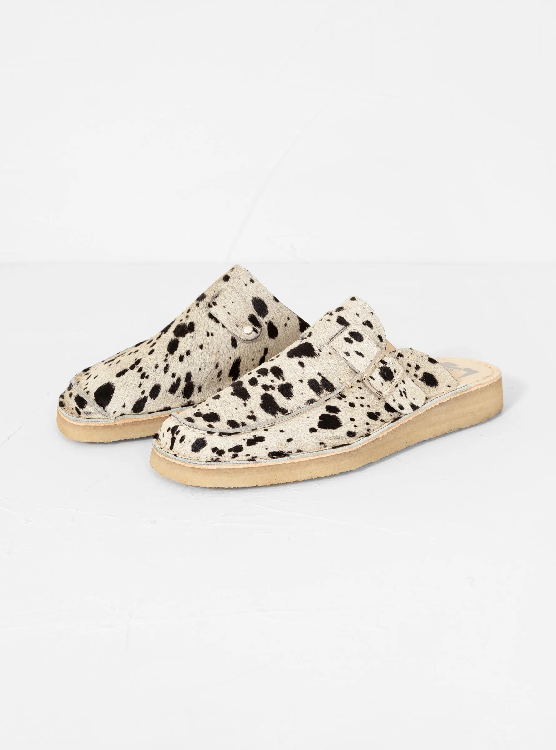 Side Seam Mules White Cow Print