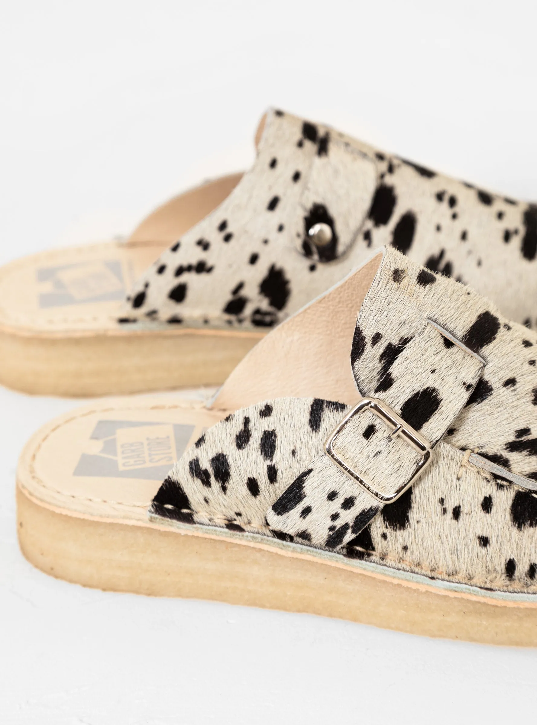 Side Seam Mules White Cow Print