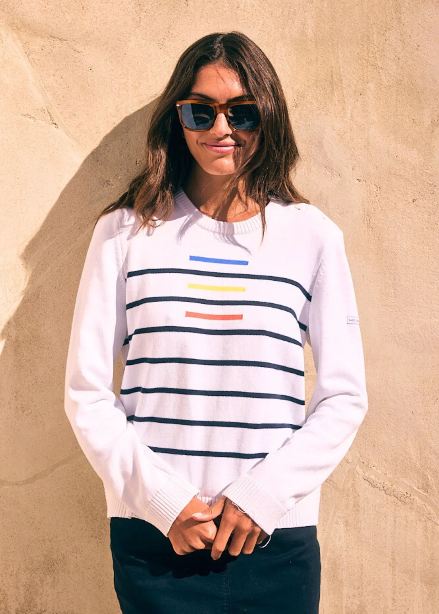 SISTERON - Breton Sweater With Jacquard Stripes and Shoulder Details | 100% Cotton | Women Comfort Fit (WHITE / MULTICO)
