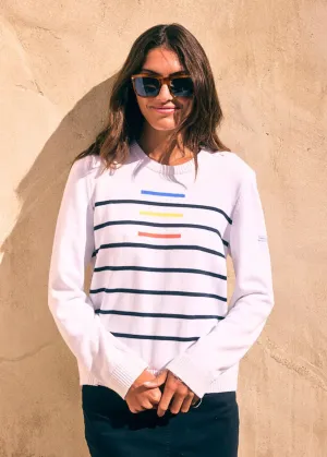 SISTERON - Breton Sweater With Jacquard Stripes and Shoulder Details | 100% Cotton | Women Comfort Fit (WHITE / MULTICO)