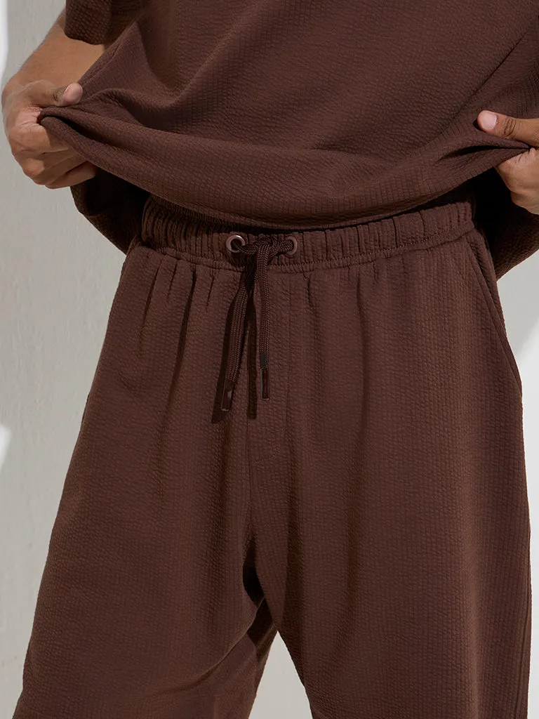 Studiofit Brown Self Relaxed-Fit Mid-Rise Cotton-Blend Shorts