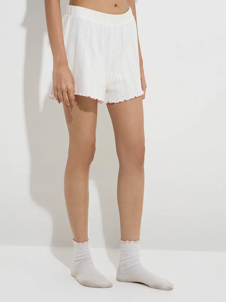 Superstar White Self-Patterned High-Rise Cotton Shorts