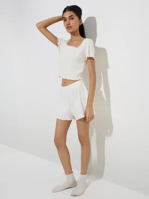 Superstar White Self-Patterned High-Rise Cotton Shorts