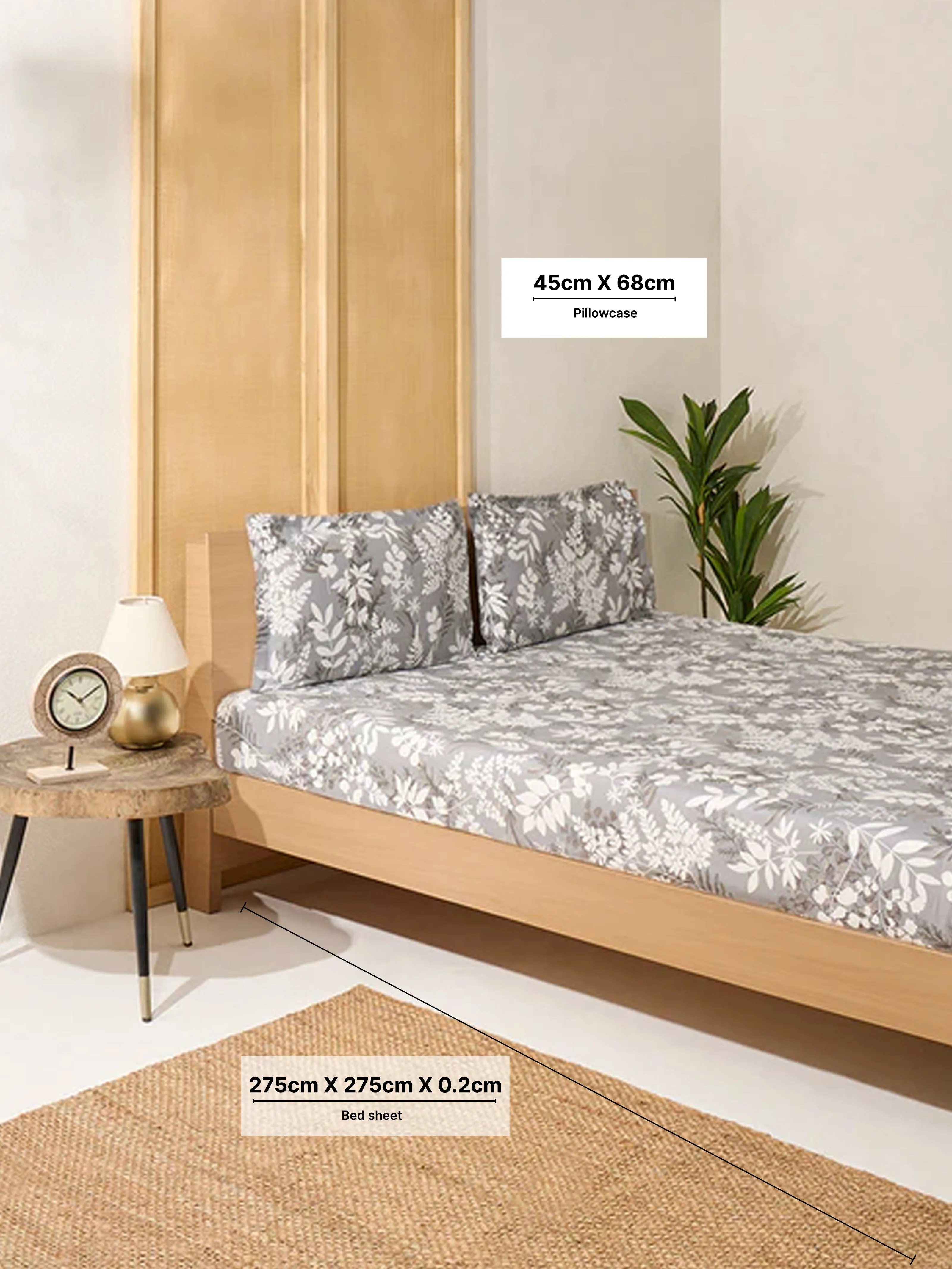 Westside Home Grey Foliage Printed King Bed Flat Sheet and Pillowcase Set