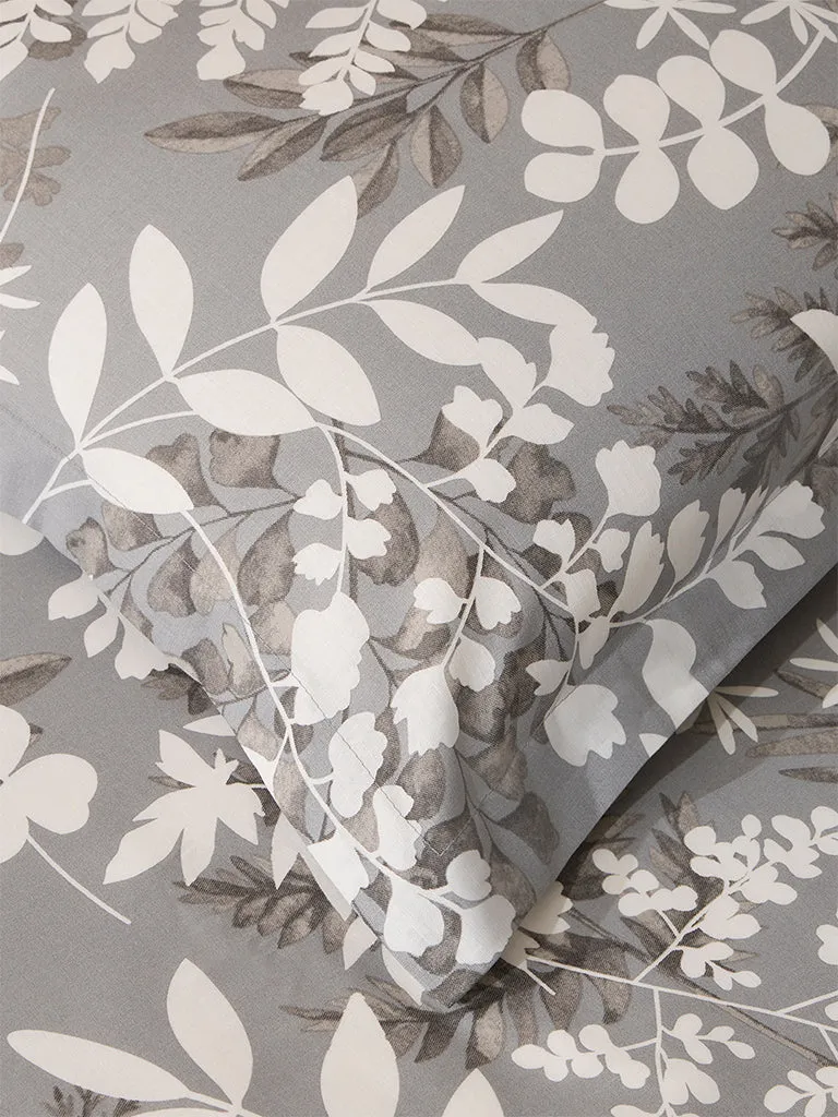 Westside Home Grey Foliage Printed King Bed Flat Sheet and Pillowcase Set
