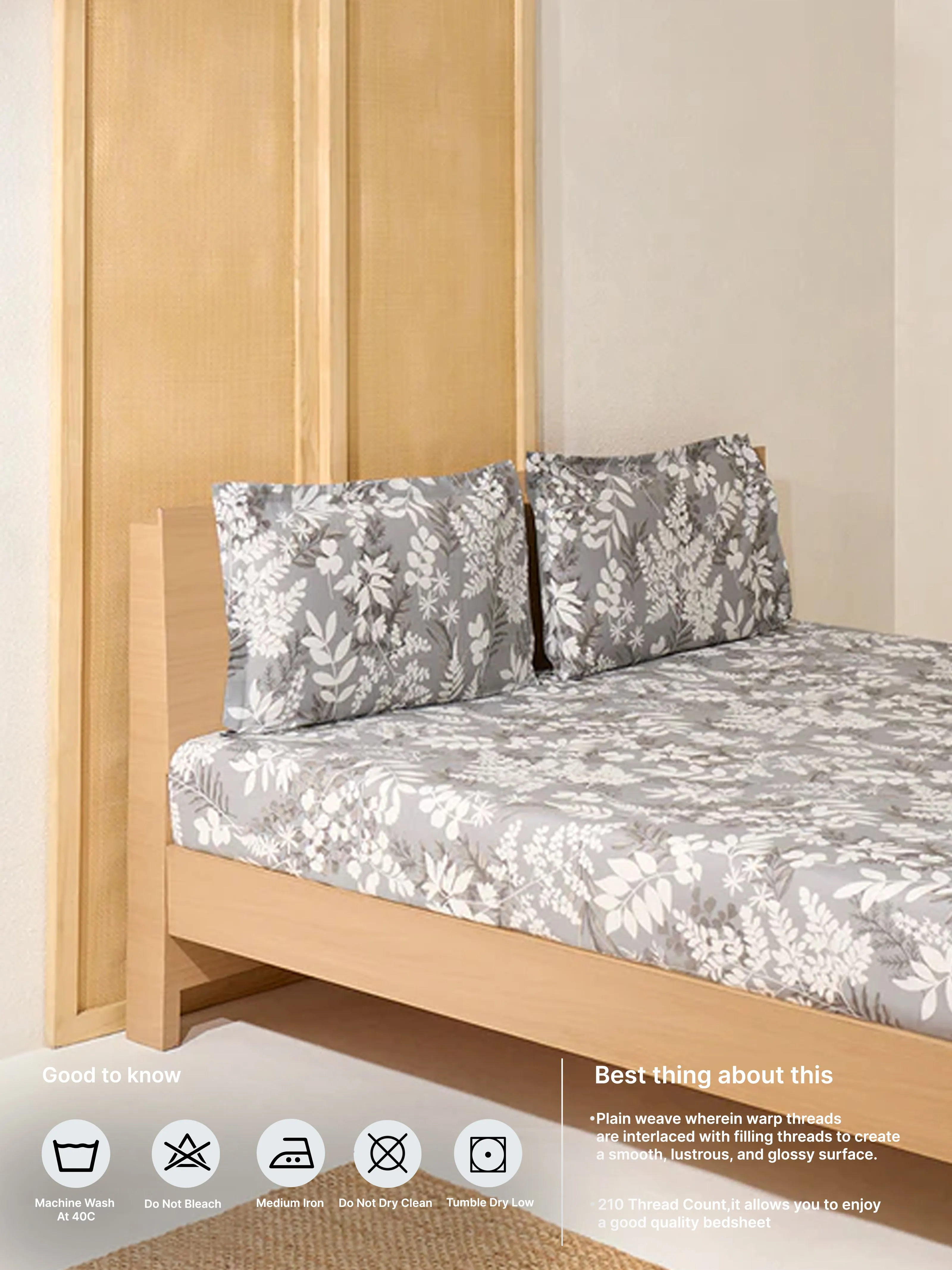 Westside Home Grey Foliage Printed King Bed Flat Sheet and Pillowcase Set