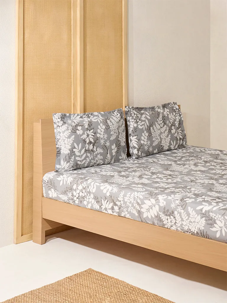 Westside Home Grey Foliage Printed Queen Bed Flat Sheet and Pillowcase Set