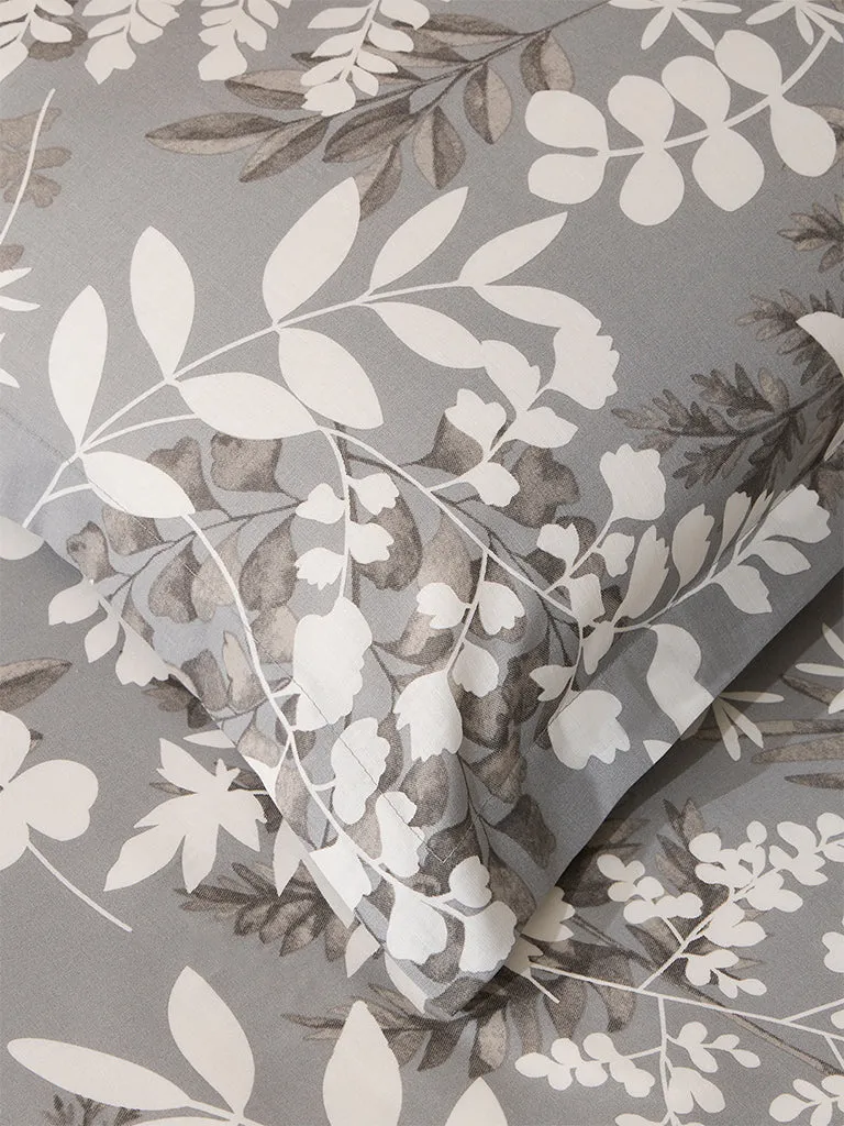 Westside Home Grey Foliage Printed Queen Bed Flat Sheet and Pillowcase Set