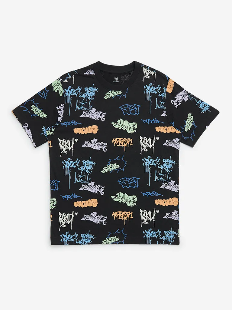 Y&F Kids Black Text Design Cotton T-Shirt