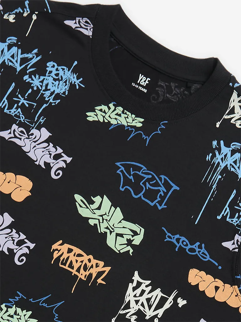 Y&F Kids Black Text Design Cotton T-Shirt