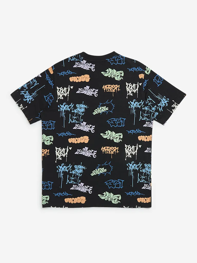 Y&F Kids Black Text Design Cotton T-Shirt