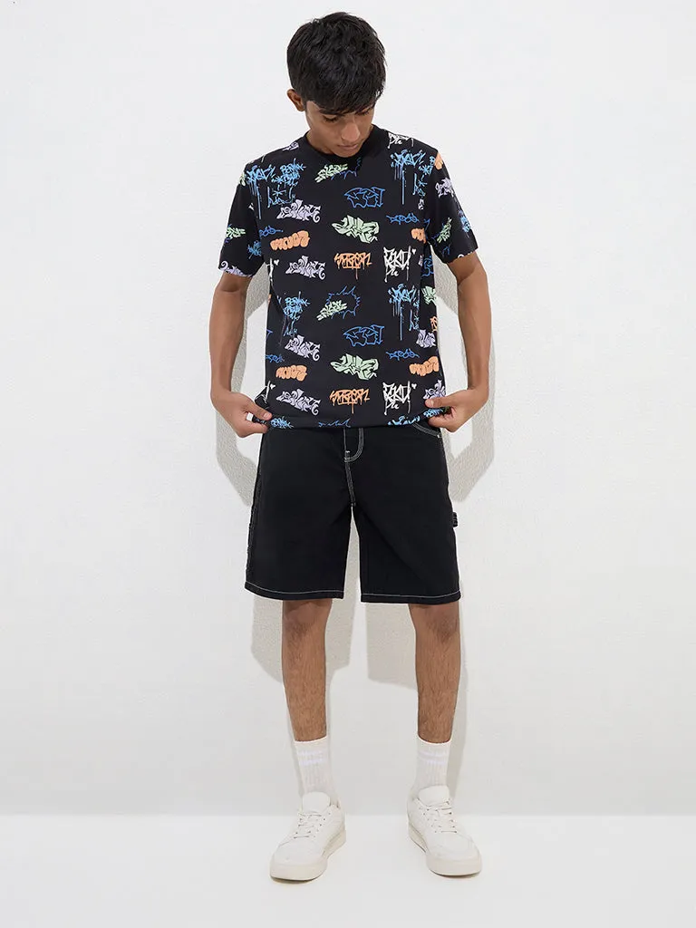Y&F Kids Black Text Design Cotton T-Shirt