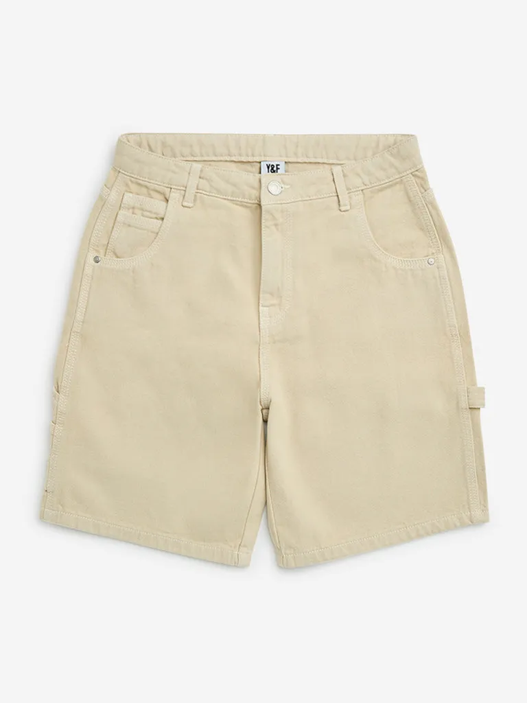 Y&F Kids Light Beige Mid-Rise Denim Shorts
